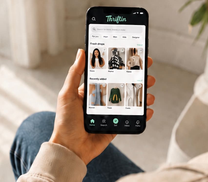 Browsing pre-loved fashion on the Thriftin app